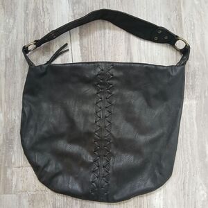 Roxy Black Faux Leather Shoulder Hobo Bag — Boho Embroidered Strap, Slouchy Soft
